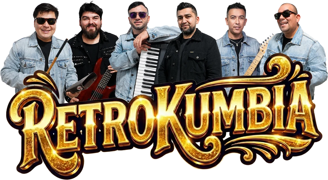 Los seis integrantes de RetroKumbia con el logo de la banda